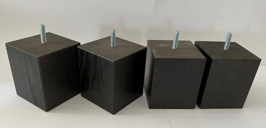 RexaPlan Set van 4 houten meubelpoten Zwart Eiken 10 cm hoogte 7x7 cm met M8 draadeinde Boxspring bedden banken