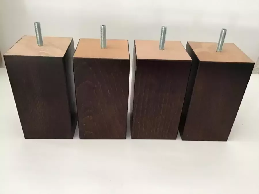 RexaPlan Set van 4 stuks houten Boxspring Bedden Meubelpoten Wengé (donker bruin) Beuken 13 cm hoogte 7x7 cm met M8 draadeinde Boxspring bedden banken