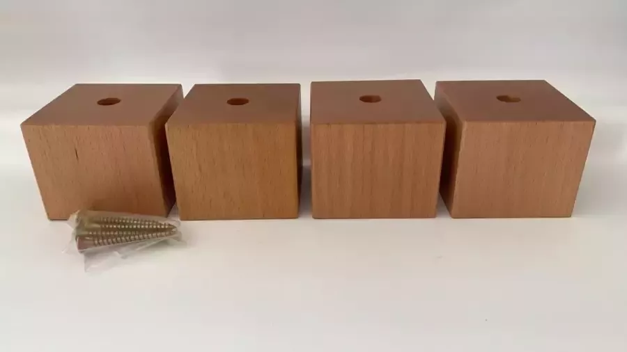 RexaPlan Set van 4 stuks houten meubelpoten Natuurkleur beuken 5 cm hoogte 7x7 cm met schroeven Boxspring bedden banken