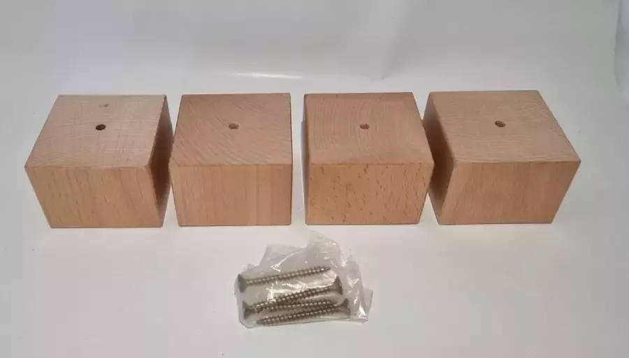 RexaPlan Set van 4 stuks houten meubelpoten Natuurkleur beuken 6 cm hoogte 7x7 cm met schroeven Boxspring bedden banken