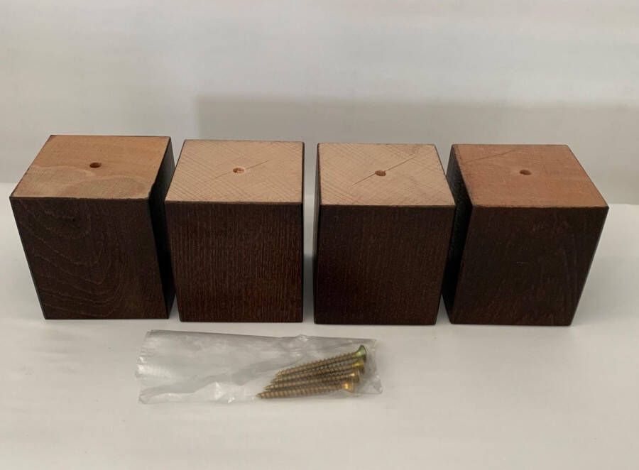 RexaPlan Set van 4 stuks houten meubelpoten Wengé (donker bruin) beuken 8 cm hoogte 7x7 cm met schroeven Boxspring bedden banken