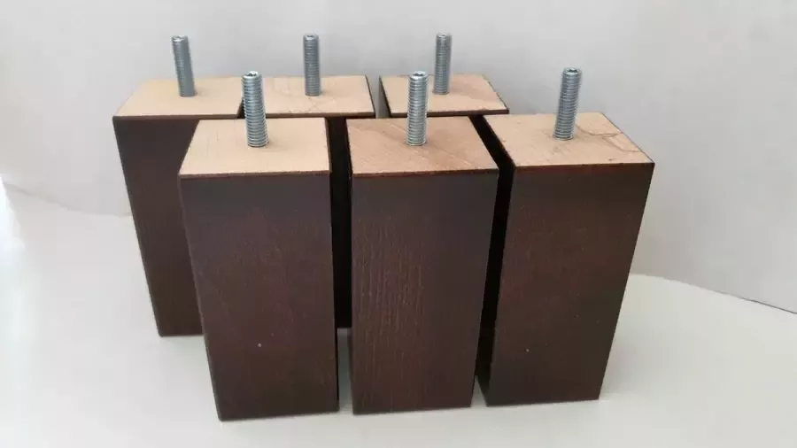 RexaPlan Set van 6 houten meubelpoten Wengé (donker bruin) 12 cm hoogte 5x5 cm met M8 draadeinde Boxspring bedden banken