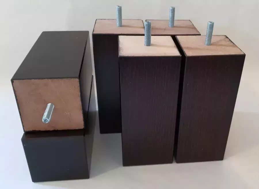 RexaPlan Set van 6 stuks houten Boxspring Bedden Meubelpoten Wengé (donker bruin) Beuken 16 cm hoogte 7 x 7 cm met M8 draadeinde