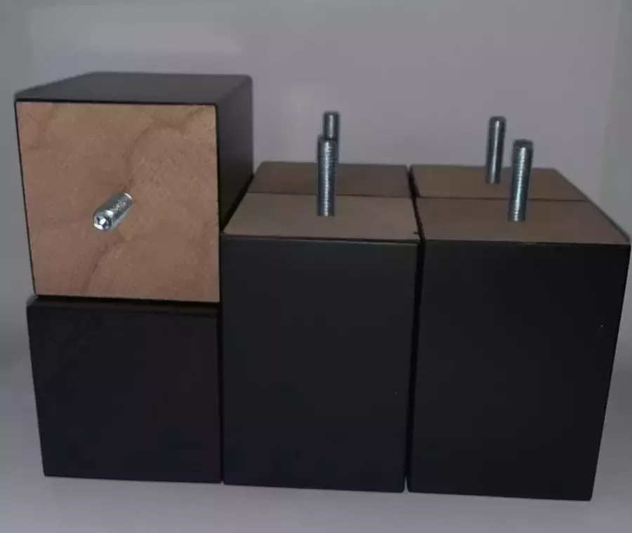 RexaPlan Set van 6 stuks houten Boxspring Bedden Meubelpoten Zwart Beuken 10 cm hoogte 7x7 cm met M8 draadeinde