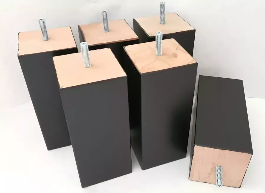 RexaPlan Set van 6 stuks houten Boxspring Bedden Meubelpoten Zwart Beuken 13 cm hoogte 7 x 7 cm met M8 draadeinde