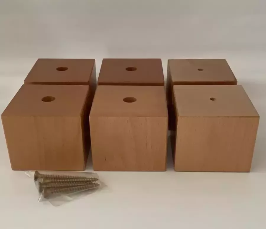 RexaPlan Set van 6 stuks houten meubelpoten Natuurkleur beuken 6 cm hoogte 7x7 cm met schroeven Boxspring bedden banken