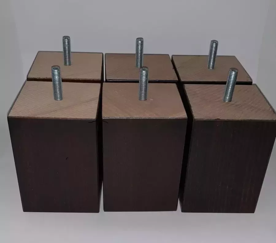 RexaPlan Set van 6 stuks houten meubelpoten Wengé (donker bruin) beuken 10 cm hoogte 7x7 cm M8 draadeinde Boxspring bedden banken