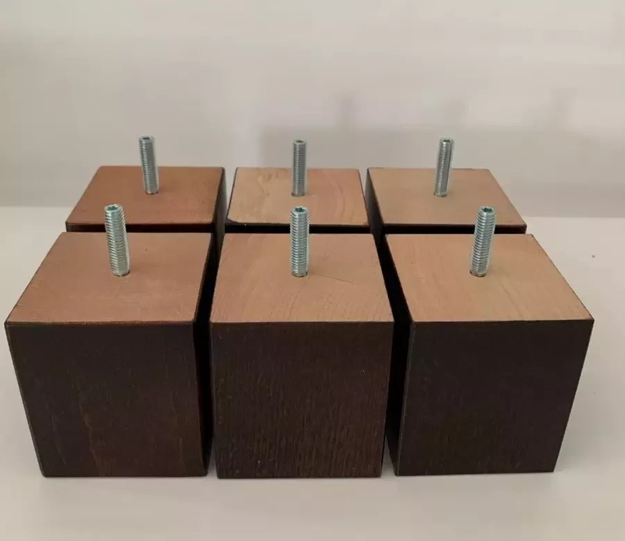 RexaPlan Set van 6 stuks houten meubelpoten Wengé (donker bruin) beuken 8 cm hoogte 7x7 cm M8 draadeinde Boxspring bedden banken