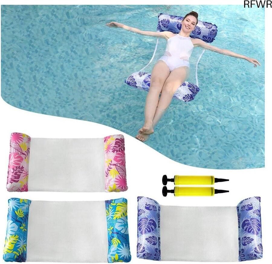 RFWR 3-Pack Opblaasbare Zwembad Hangmatten 4-in-1 Lounger voor Volwassenen en Kinderen met 2 Luchtpompen Draagbare Waterdrijvers voor Zomerplezier