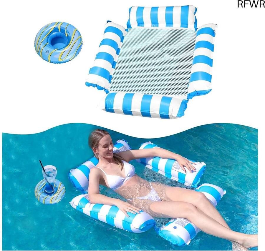 RFWR 4-in-1 Luchtmatras voor zwembad met opblaasbare bekerhouder Duurzaam en draagbaar waterbed voor volwassenen en kinderen