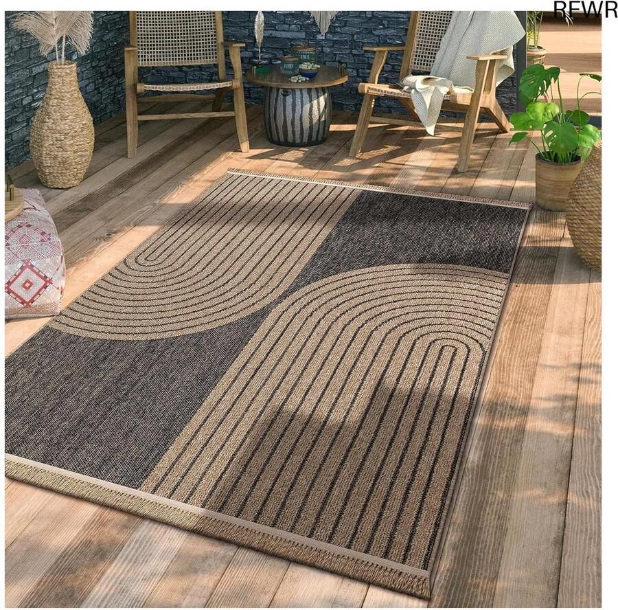 RFWR Buiten Vloerkleed Tapijt voor Balkon en Terras Antraciet 80x150 cm Boho Patroon