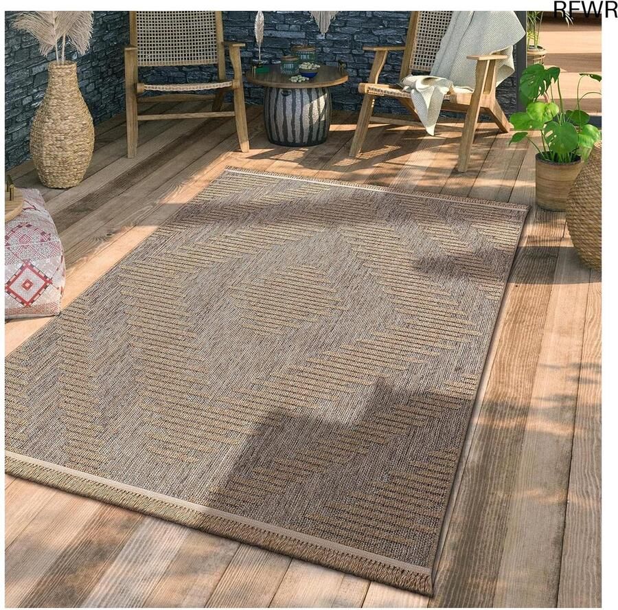 RFWR Buiten Vloerkleed Tapijt voor Balkon en Terras Beige Bloemen Geometrisch 80x150 cm