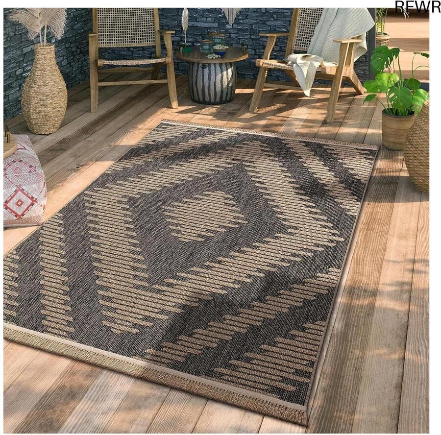 RFWR Buiten Vloerkleed voor Balkon en Terras Boho Geometrisch Tapijt 80x150 cm Antraciet