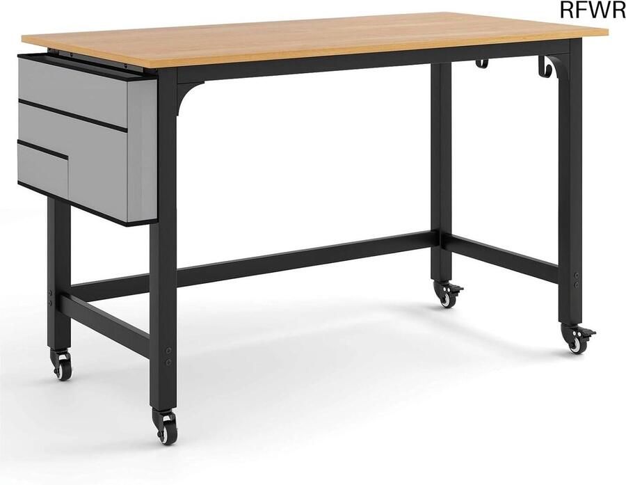 RFWR Bureau op Wieltjes met Metalen Frame Laptop Tafel met Haken en Opbergruimte