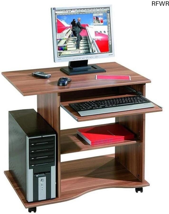 RFWR Computertafel met toetsenbordlade en wielen Luxe werkplek in walnoot imitatie