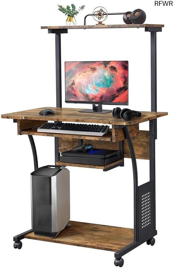 RFWR Computertafel met Wielen en Plank Hoekbureau met Uittrekbare Toetsenbordlade Vintage Design 80 x 50 x 132 cm