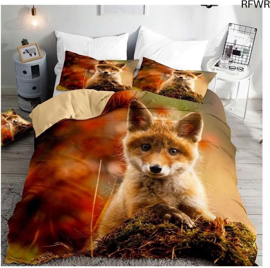 RFWR Dekbedovertrek voor een Tweepersoonsbed met 3D Vos ontwerp Microvezel Beddengoedset