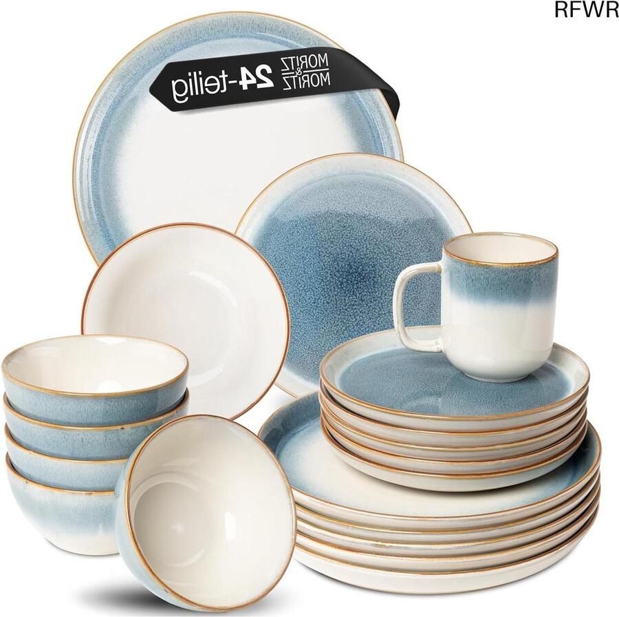 RFWR Elegant 24-delige Serviesset voor 6 Personen in Blauw en Wit Hoogwaardig Aardewerk
