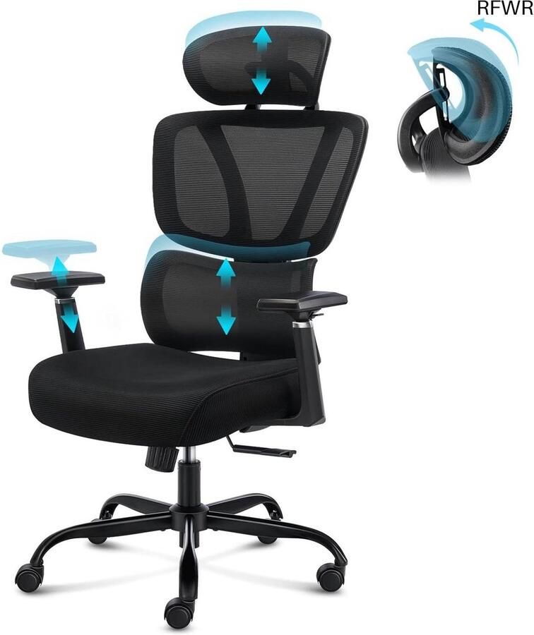 RFWR Ergonomische Bureaustoel met 3D Armleuningen en Verstelbare Hoofdsteun Verstelbaar Comfortabel en Ondersteunend