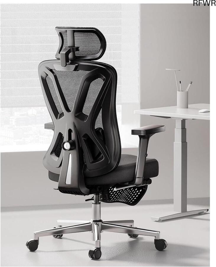 RFWR Ergonomische bureaustoel met verstelbare hoofdsteun en lendensteun comfortabele veerkussen steun voor computergebruik kantelfunctie en draaibare mesh-stoel