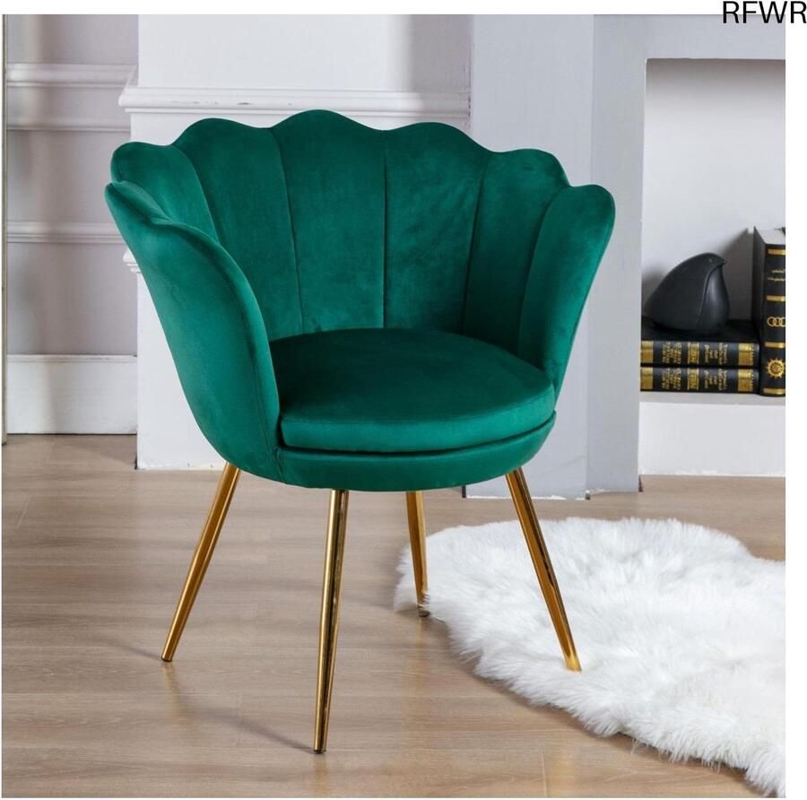 RFWR Fluwelen loungestoel met gouden poten en armleuning Stijlvolle make-uptafelstoel in groen