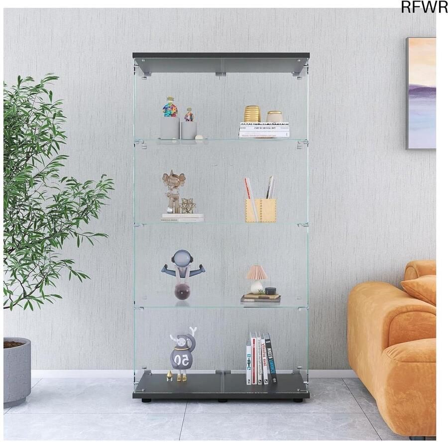 RFWR Glazen vitrinekast met 4 lagen en 2 deuren met slot voor woonkamer en kantoor