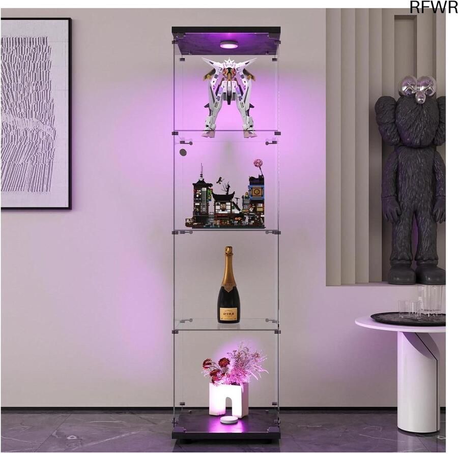 RFWR Glazen vitrinekast met 4 planken en ingebouwd licht – Multifunctionele curio-kast met slot 164 x 42 x 36 cm