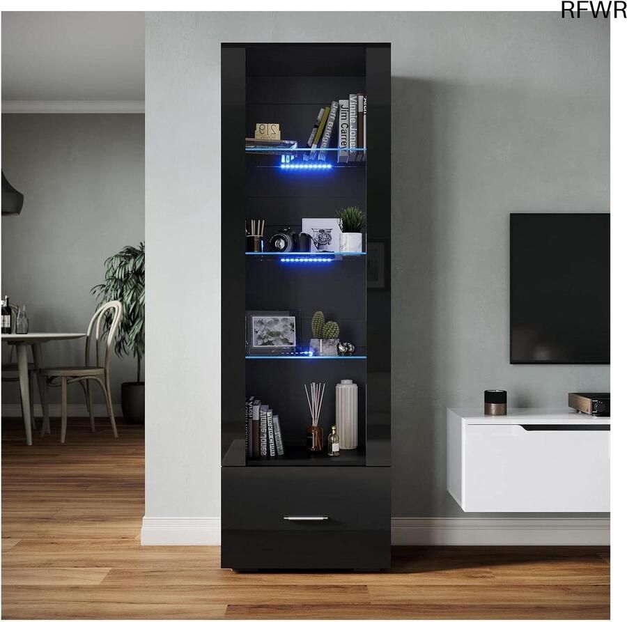 RFWR Glazen vitrinekast met LED-verlichting en hoogglansfront 4 planken en 1 lade moderne boekenkast