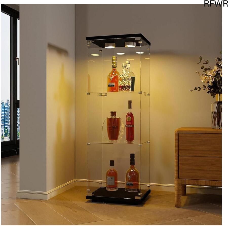 RFWR Glazen vitrinekast met led-verlichting en slot – 1 deur 3 vakken voor boeken en verzamelobjecten