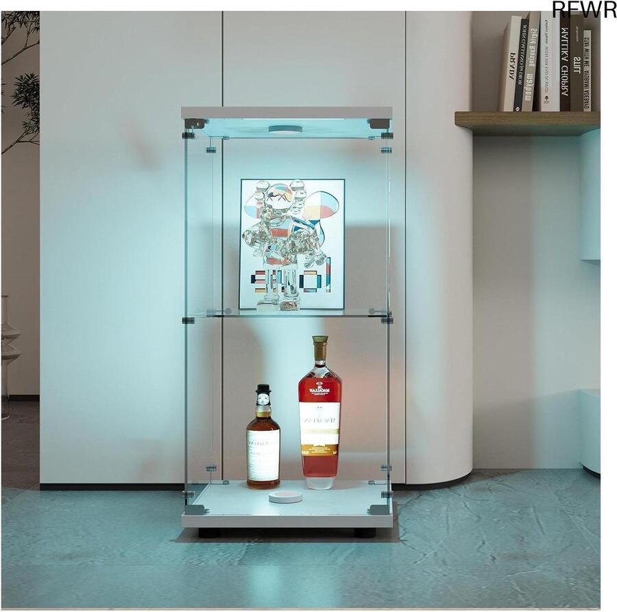 RFWR Glazen vitrinekast met led-verlichting en slot 2 etages 1 deur voor verzamelobjecten en boeken
