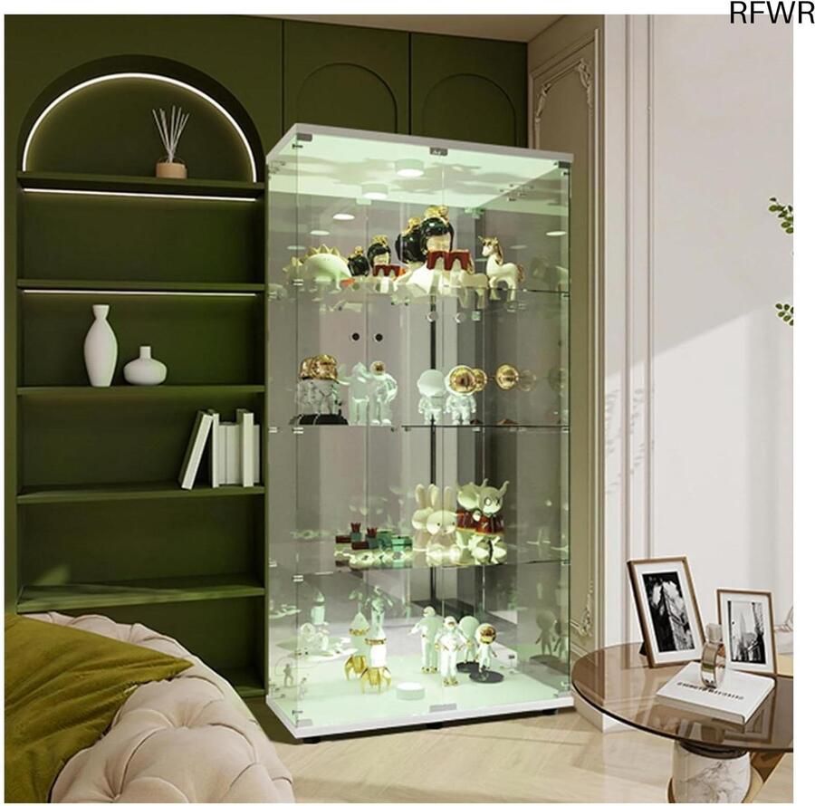 RFWR Glazen vitrinekast met LED verlichting en veiligheidsslot – 2 deuren 4 etages voor verzamelobjecten