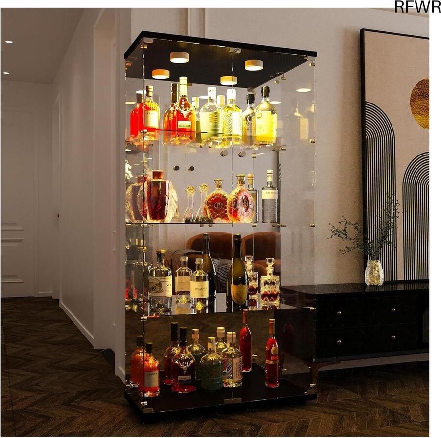 RFWR Glazen vitrinekast met LED verlichting en veiligheidsslot 4 etages voor verzamelaars en decoraties