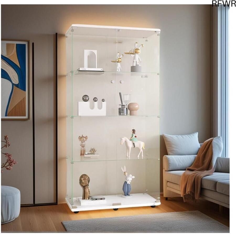 RFWR Glazen Vitrinekast met Slot Elegante Staande Displaykast voor Woonkamer en Slaapkamer 80 x 36 x 164 cm 4 Etages Wit