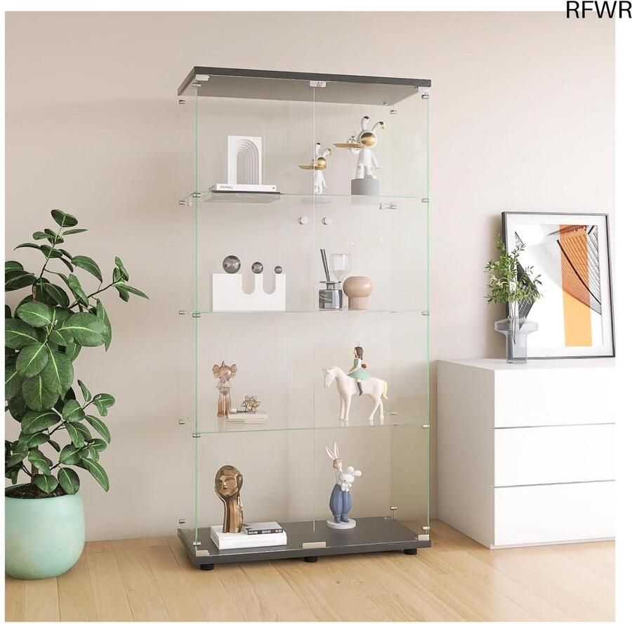 RFWR Glazen vitrinekast met slot en 2 deuren 4 vakken voor verzameling en decoratie