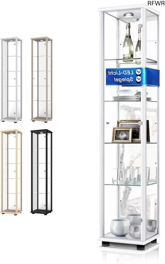 RFWR Glazen vitrinekast wit met verstelbare glazen leggers spiegel en LED verlichting Ideaal voor verzamelaars en stijlvolle presentatie