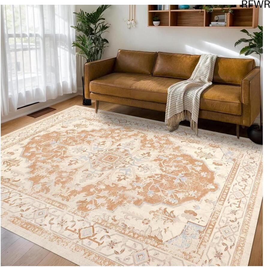 RFWR Groot Wasbaar Boho Tapijt voor Woonkamer en Slaapkamer Zacht en Laagpolig Vintage Tapijt in Oranje en Geel