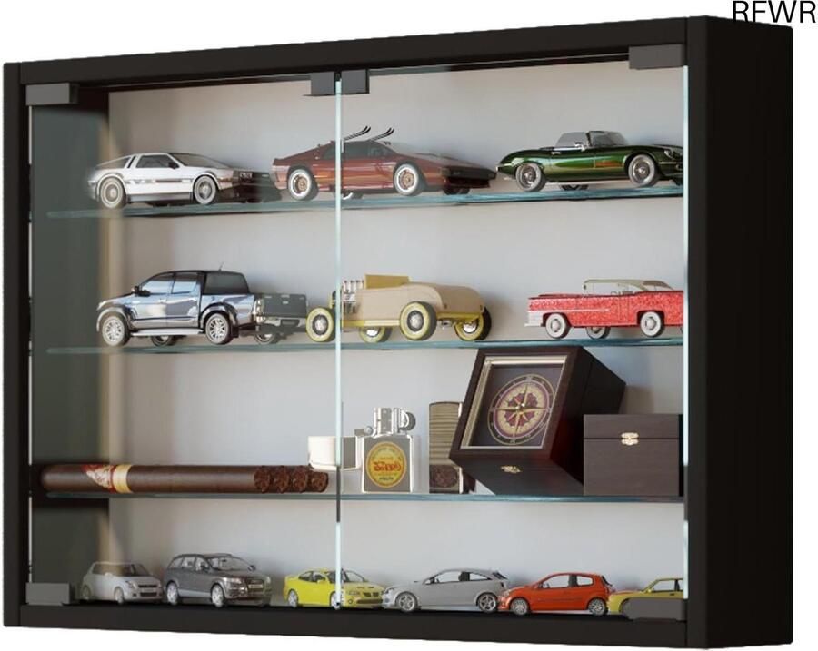 RFWR Hangende vitrinekast met glazen planken voor verzameling – Hout Zwart 40 x 60 x 10 cm