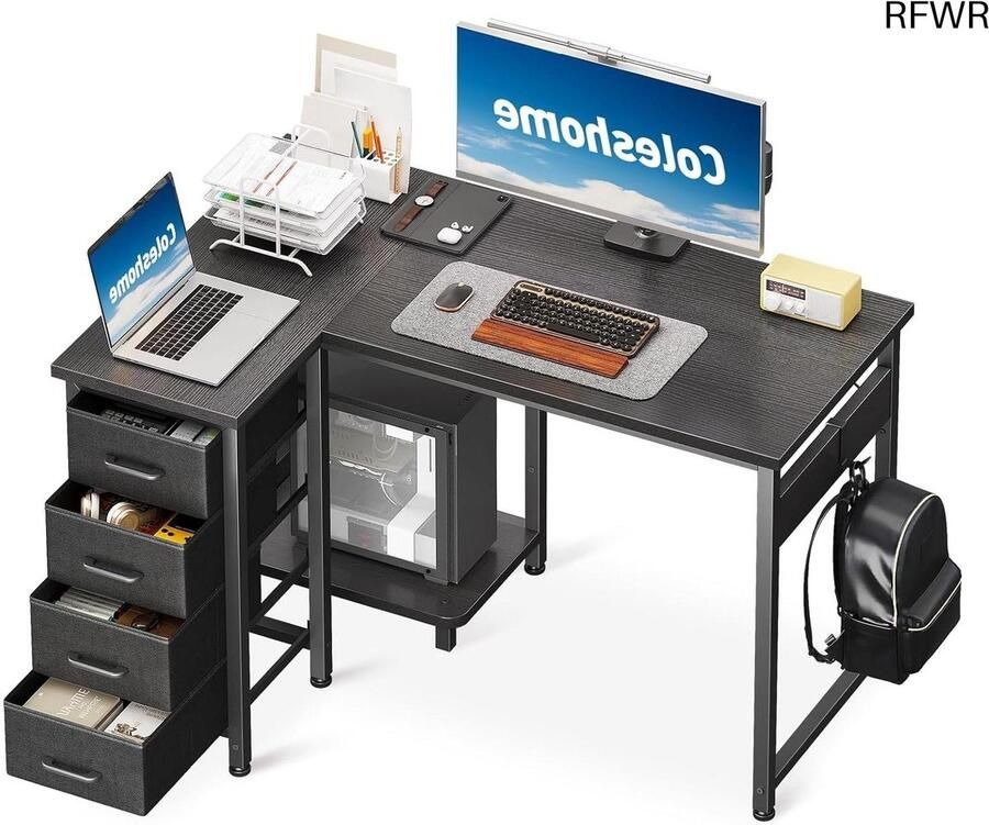 RFWR Hoekbureau 100 x 70 cm L-vormig bureau met 4 laden en omkeerbaar ontwerp voor kantoor en slaapkamer