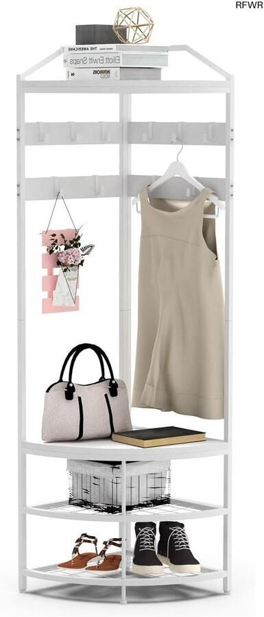 RFWR Hoekkapstok met 12 Haken en Opbergrek Ruimtebesparende Kledingstandaard voor Entree Woonkamer en Slaapkamer