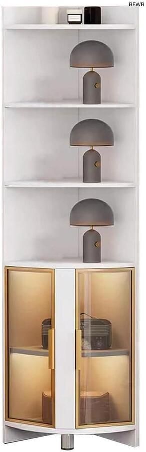 RFWR Hoekvitrine met Verlichting 200 cm Hoge Glazen Boekenkast voor Slaapkamer en Kantoor