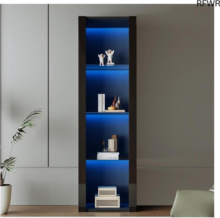 RFWR Hoogglans Zwarte Vitrinekast met LED Verlichting voor Woonkamer en Slaapkamer