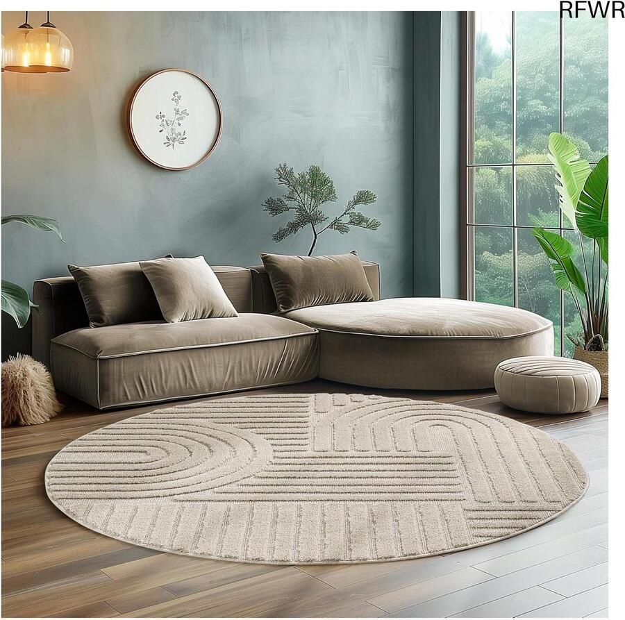 RFWR Hoogpolig Rond Tapijt voor Woonkamer Keuken en Slaapkamer 3D-Design in Beige (120 x 120 cm)