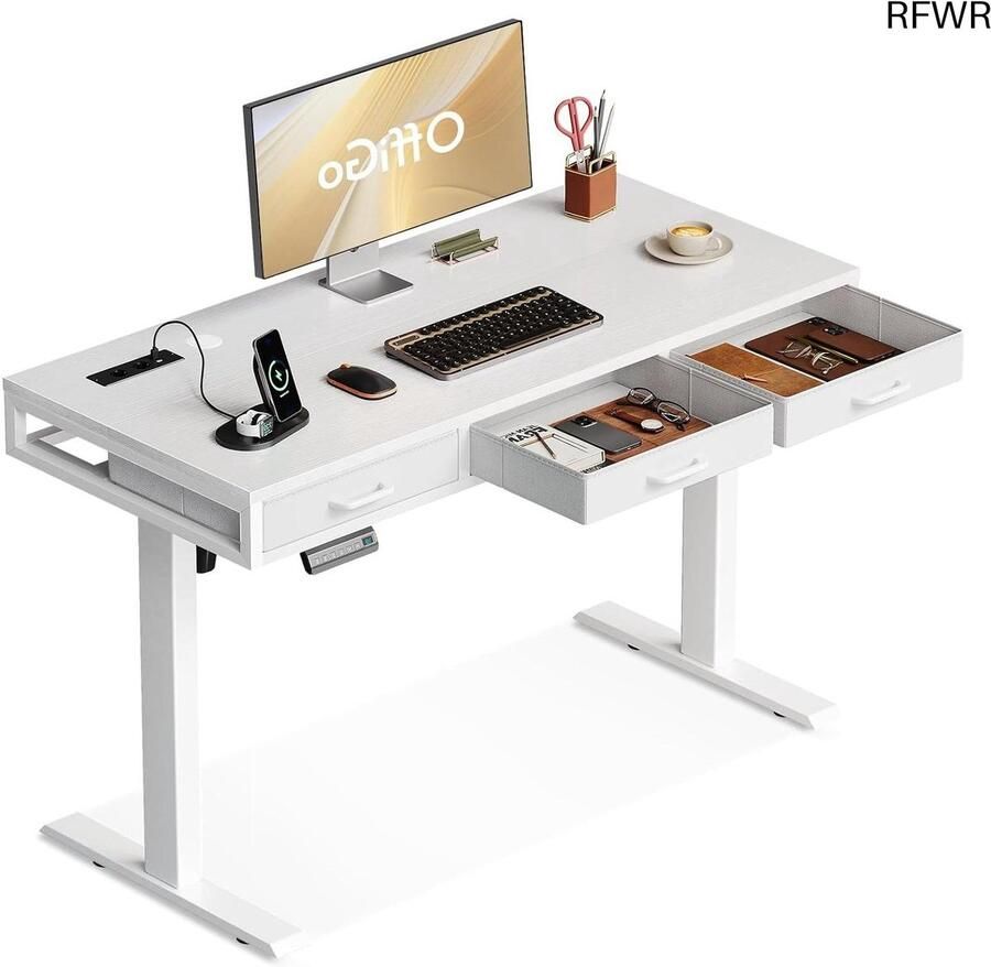 RFWR Hoogte Verstelbaar Elektrisch Bureau met 3 Lades en Stopcontacten Zit-sta Computertafel voor Thuiskantoor