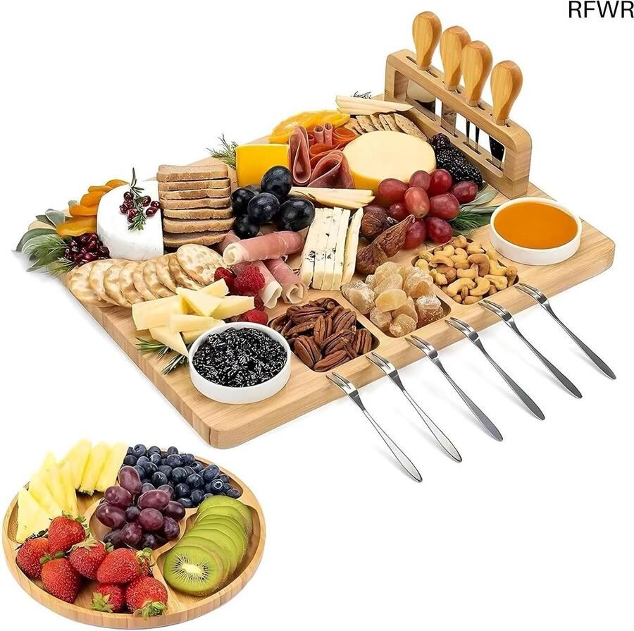 RFWR Houten Borrelplank Set Met Kaasmessen Vorkjes en Sausbakjes Ideaal Voor Tapas en Kaas