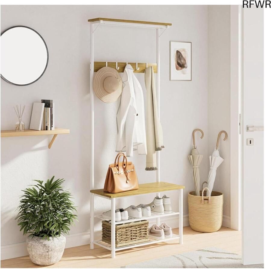 RFWR Houten Kapstok met Zitvlak en Schoenenrek Multifunctionele Kledingstandaard met 9 Afneembare Haken