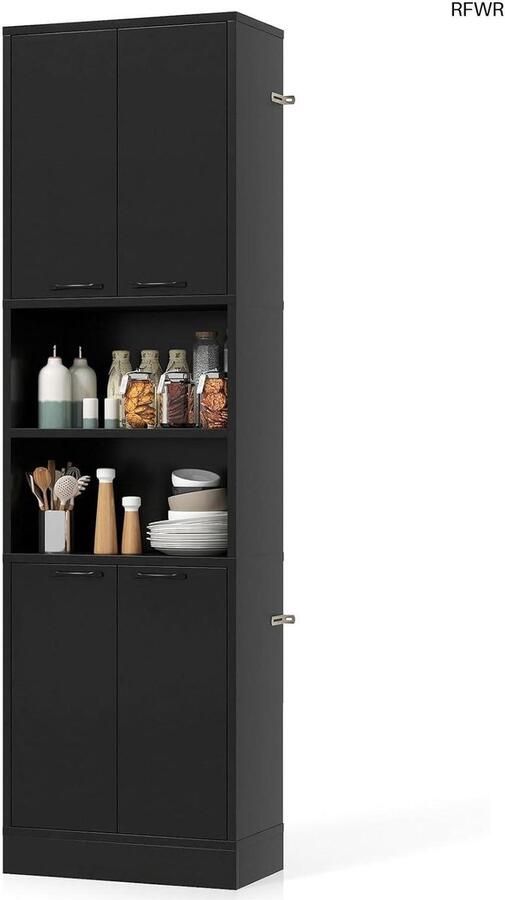 RFWR Houten Keukenkast 190 cm met Open Planken en Dubbele Deuren Buffetkast voor Keuken Woonkamer en Badkamer