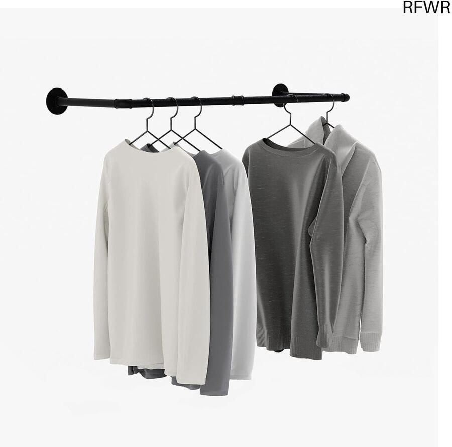 RFWR Industriële Kledingstang Wand- of Plafondmontage Kledingrek van Stevige Zwarte Buizen