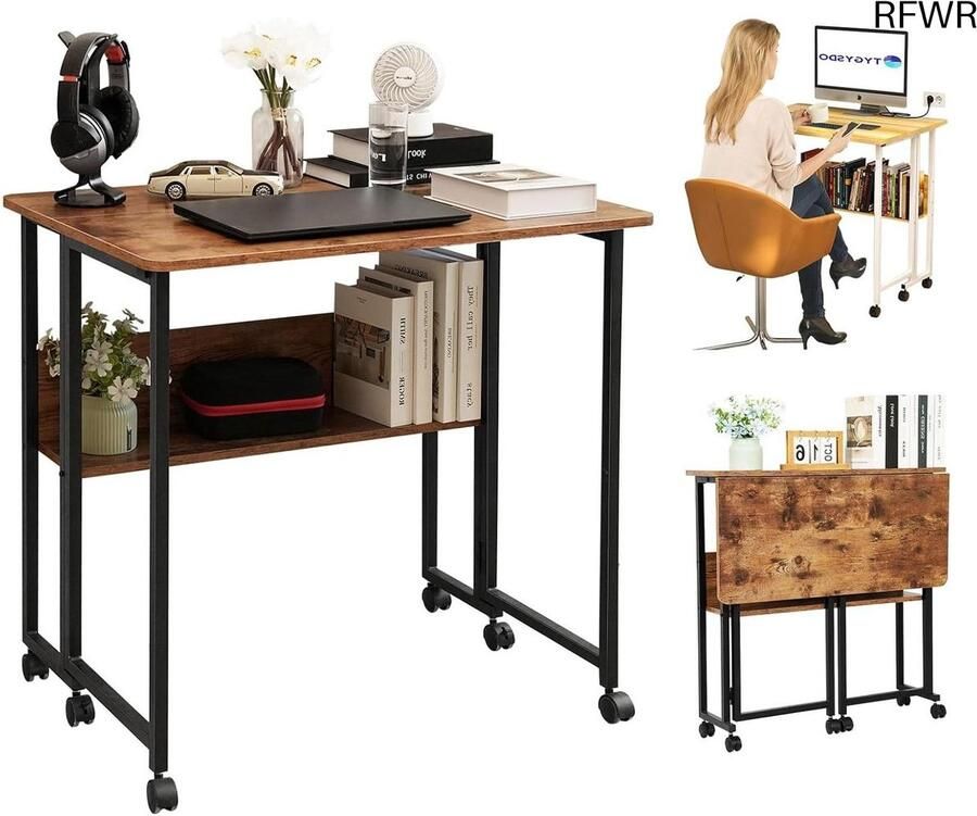 RFWR Inklapbaar bureau 80 cm met wieltjes Ruimtebesparende computertafel voor kantoor en kleine ruimtes