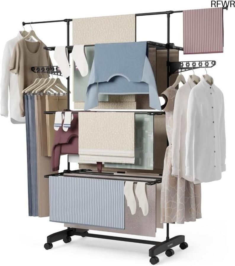 RFWR Inklapbaar XXL Wasrek met Wieltjes en 15 Meter Droogruimte