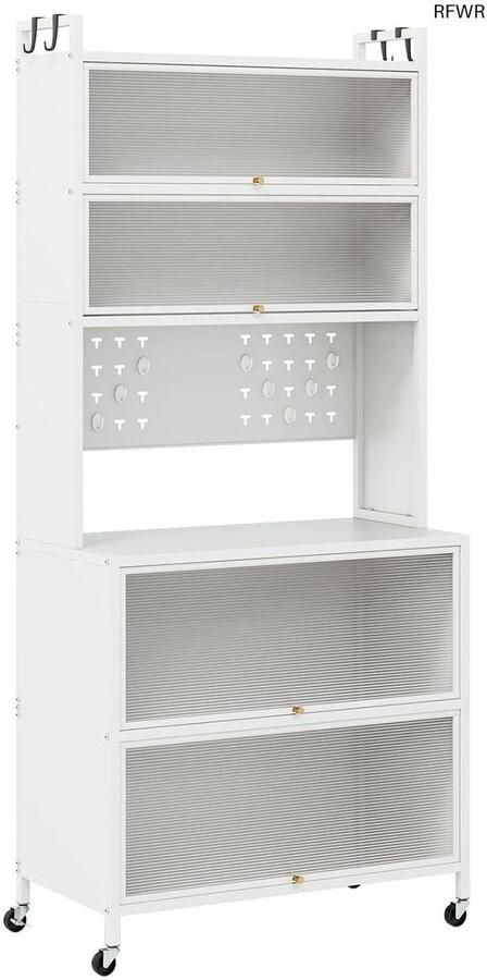 RFWR Keukenkast met 5 6 niveaus en werkblad buffetkast met klapdeuren en haken multifunctionele voorraadkast met wielen (wit 80 x 40 x 178 cm)
